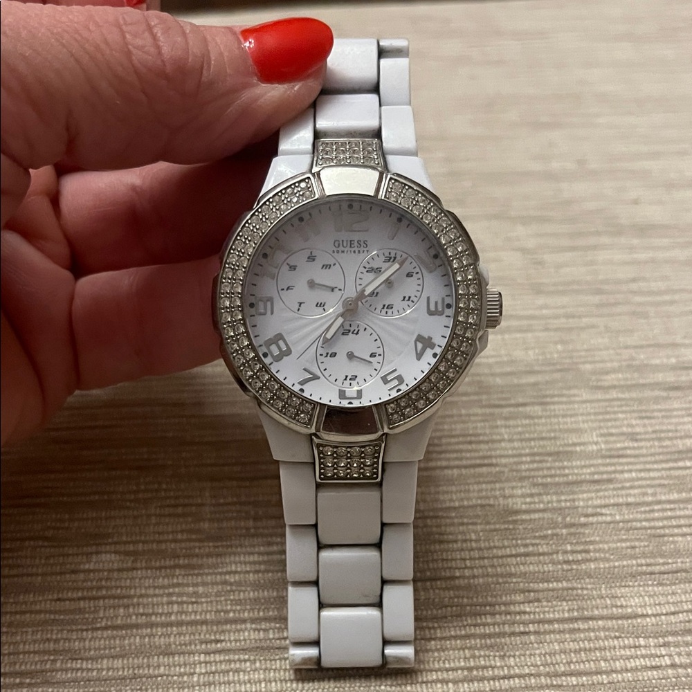 Guess Women's White and Silver Crystal Watch